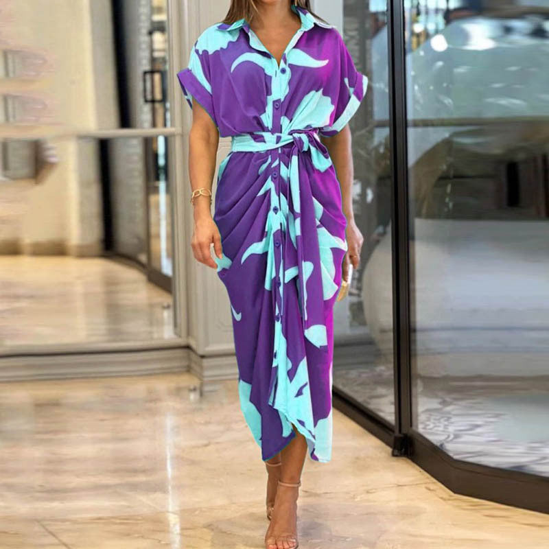 Ruched Front Button-Down Maxi Dress with Belt