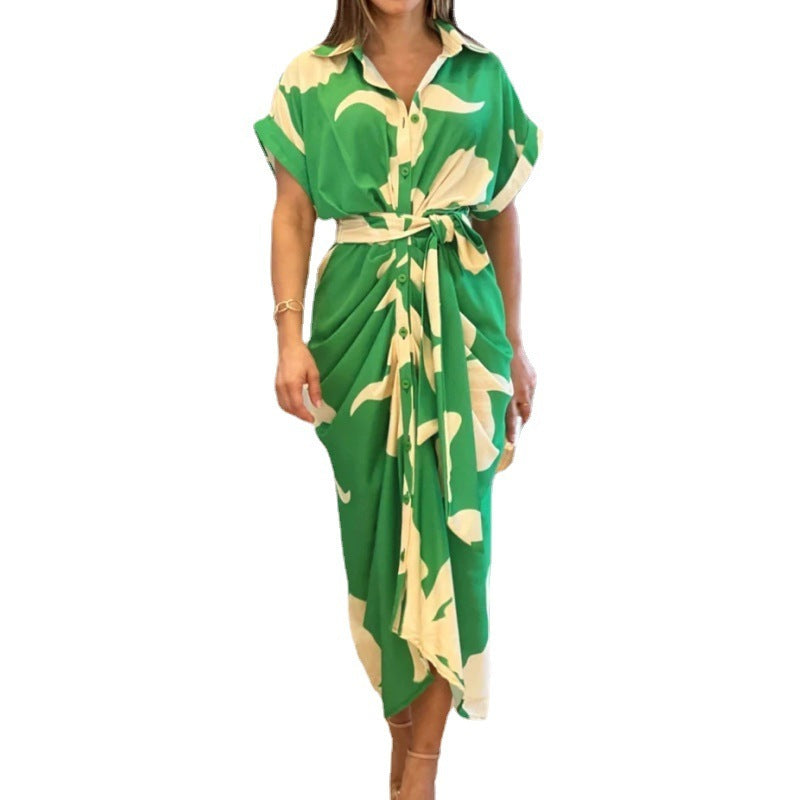 Ruched Front Button-Down Maxi Dress with Belt