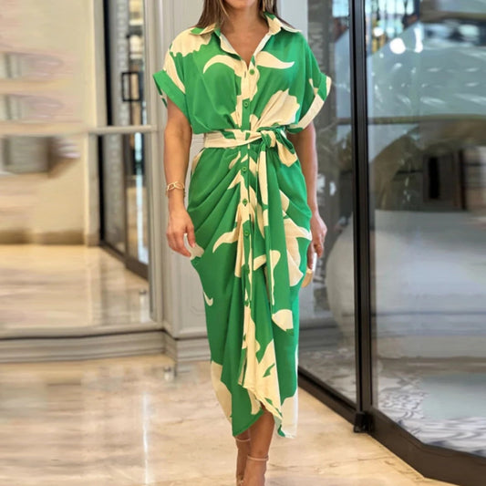 Ruched Front Button-Down Maxi Dress with Belt
