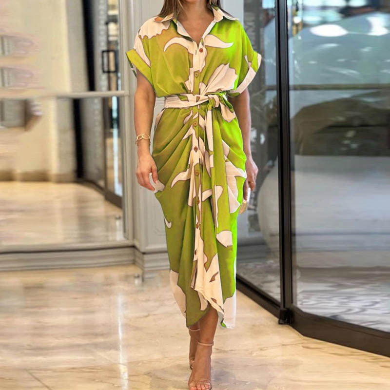 Ruched Front Button-Down Maxi Dress with Belt